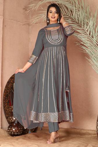 Grey gotta patti rayon stitched anarkali pant suit set