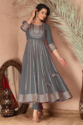 Grey gotta patti rayon stitched anarkali pant suit set 2