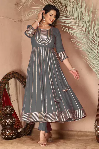 Grey gotta patti rayon stitched anarkali pant suit set