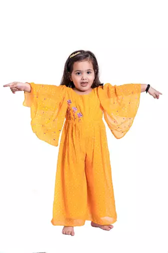 Yellow Bandhani Print Jumpsuit for girls