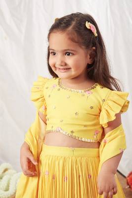 Yellow floral print lehenga with pleats 2