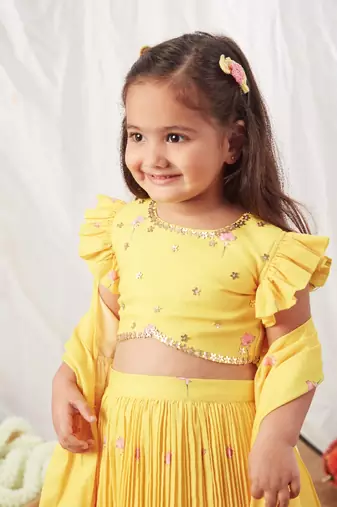 Yellow floral print lehenga with pleats