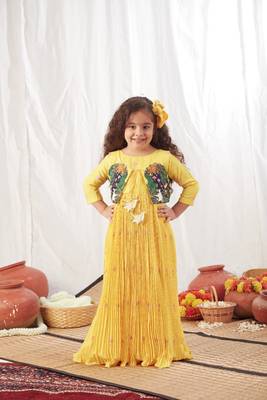 Yellow pleated anarkali with floral print jacket 2