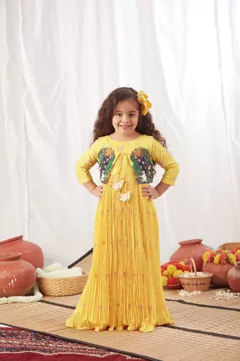 Yellow pleated anarkali with floral print jacket