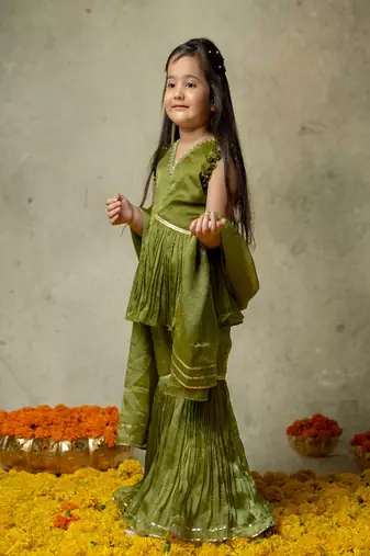 Olive green embroidered sharara set