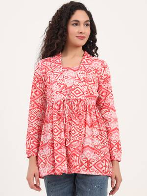 Divena red floral print cotton fabric lepal coller peplum top 1