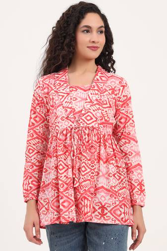 Divena red floral print cotton fabric lepal coller peplum top