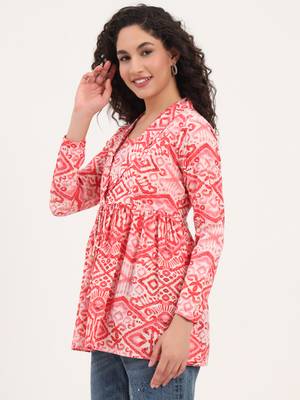 Divena red floral print cotton fabric lepal coller peplum top 2