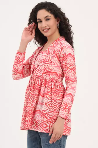 Divena red floral print cotton fabric lepal coller peplum top