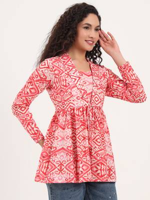 Divena red floral print cotton fabric lepal coller peplum top 3