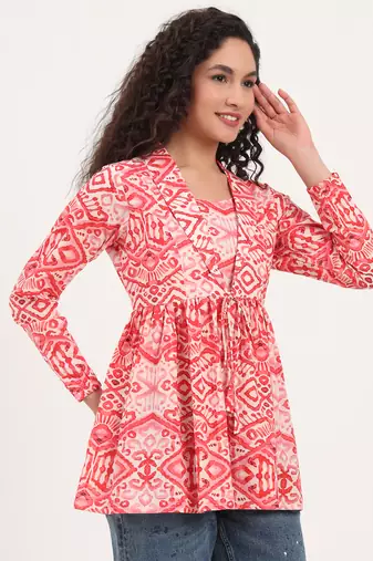 Divena red floral print cotton fabric lepal coller peplum top