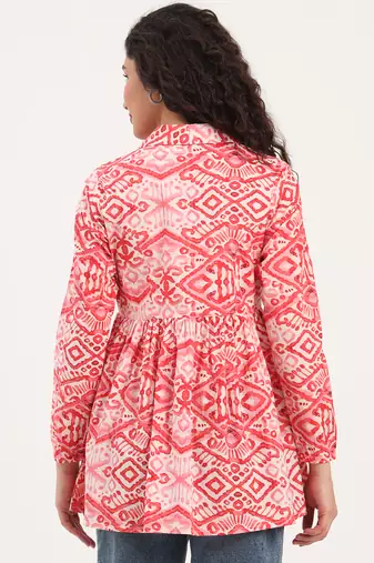 Divena red floral print cotton fabric lepal coller peplum top