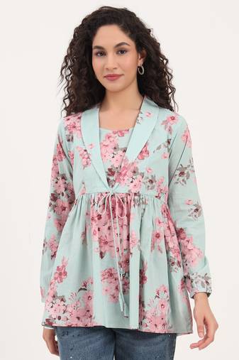 Divena turquoise floral print cotton fabric lepal coller peplum top