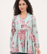 Divena turquoise floral print cotton fabric lepal coller peplum top