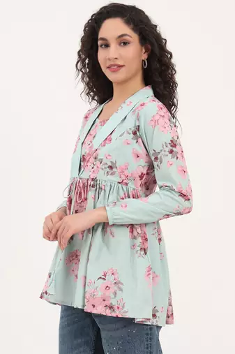 Divena turquoise floral print cotton fabric lepal coller peplum top