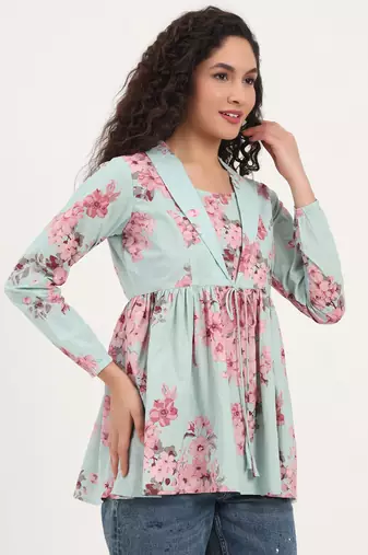 Divena turquoise floral print cotton fabric lepal coller peplum top