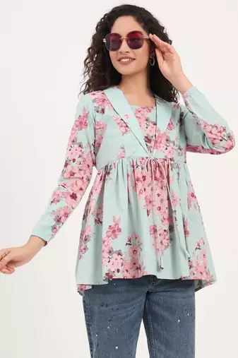 Divena turquoise floral print cotton fabric lepal coller peplum top