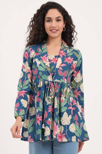 Divena blue floral print cotton fabric lepal coller peplum top