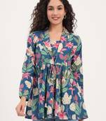 Divena blue floral print cotton fabric lepal coller peplum top