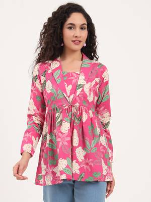 Divena pink floral print cotton fabric lepal coller peplum top 1