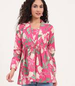 Divena pink floral print cotton fabric lepal coller peplum top