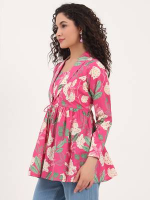 Divena pink floral print cotton fabric lepal coller peplum top 2