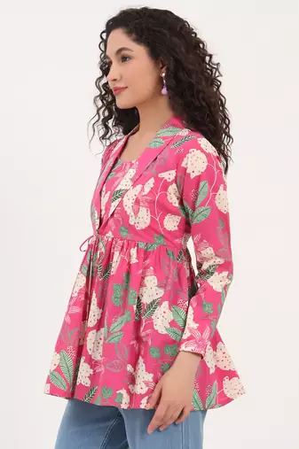 Divena pink floral print cotton fabric lepal coller peplum top