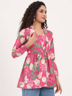 Divena pink floral print cotton fabric lepal coller peplum top 3