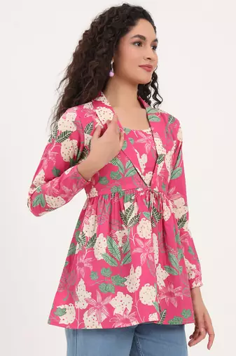 Divena pink floral print cotton fabric lepal coller peplum top