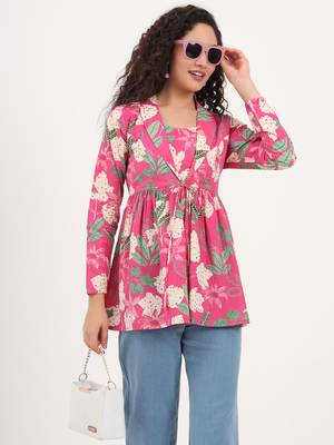 Divena pink floral print cotton fabric lepal coller peplum top 5