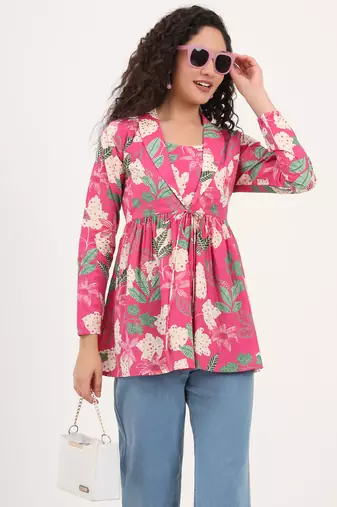 Divena pink floral print cotton fabric lepal coller peplum top