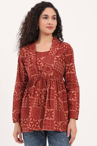 Divena brown floral cotton fabric lepal coller peplum top