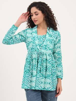 Divena teal green floral cotton fabric lepal coller peplum top 1