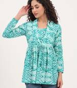 Divena teal green floral cotton fabric lepal coller peplum top