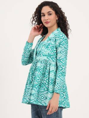 Divena teal green floral cotton fabric lepal coller peplum top 2