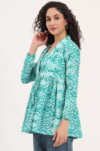 Divena teal green floral cotton fabric lepal coller peplum top