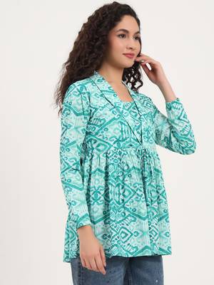 Divena teal green floral cotton fabric lepal coller peplum top 3