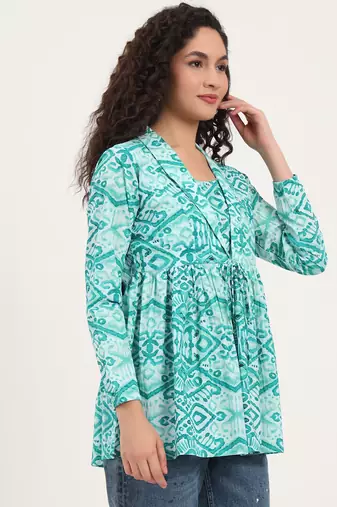 Divena teal green floral cotton fabric lepal coller peplum top