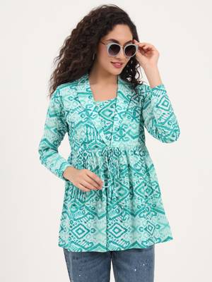 Divena teal green floral cotton fabric lepal coller peplum top 5