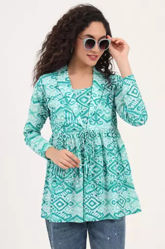 Divena teal green floral cotton fabric lepal coller peplum top