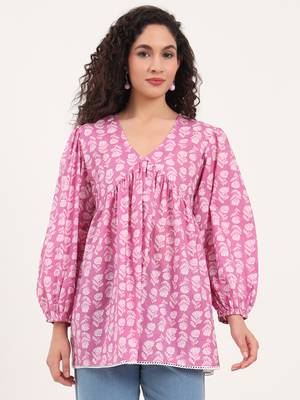 Divena purple floral print cotton fabric regular peplum top 1