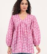 Divena purple floral print cotton fabric regular peplum top