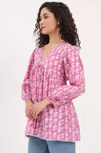 Divena purple floral print cotton fabric regular peplum top