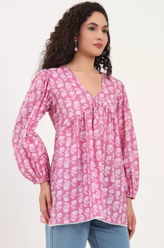 Divena purple floral print cotton fabric regular peplum top