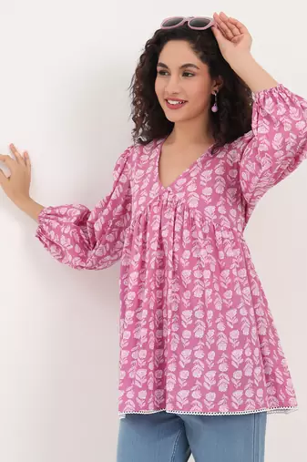 Divena purple floral print cotton fabric regular peplum top