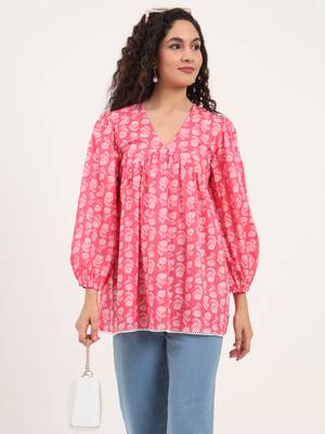 Divena pink floral print cotton fabric regular peplum top 1