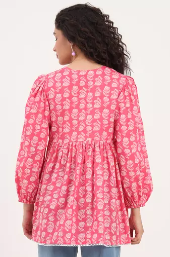 Divena pink floral print cotton fabric regular peplum top