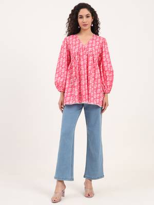Divena pink floral print cotton fabric regular peplum top 3