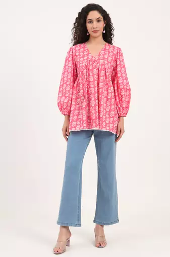 Divena pink floral print cotton fabric regular peplum top