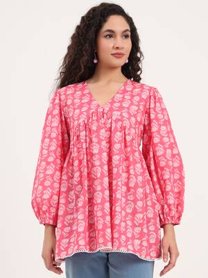 Divena pink floral print cotton fabric regular peplum top 4